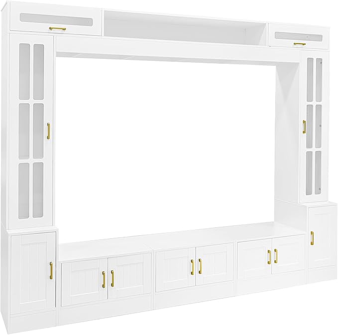 98.4" W Wall Unit Entertainment Center with Bookshelves for TVs up to 80", Modern TV Stand Media Console with Cabinets, Tempered Glass Doors for Living Room (White/T3)