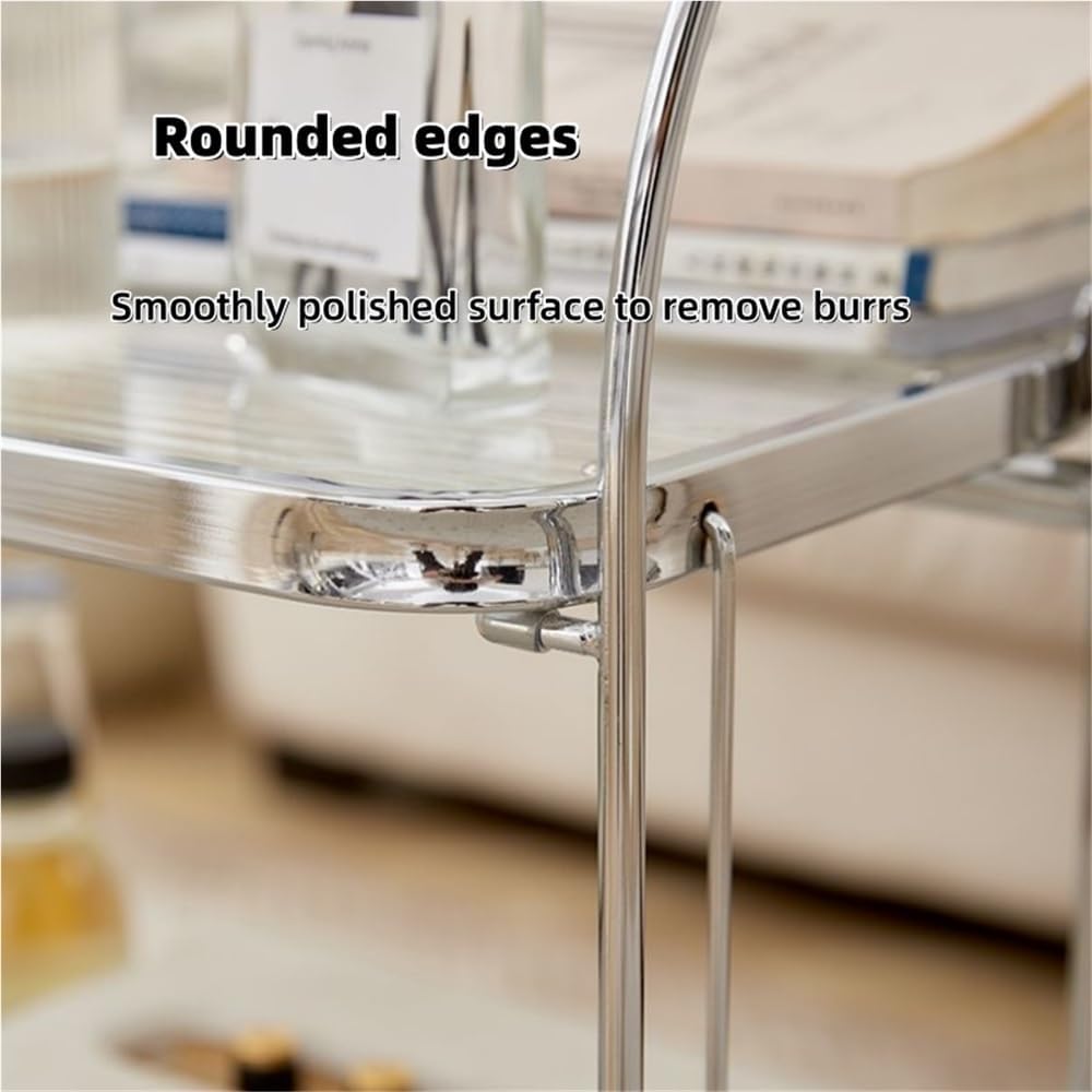 Folding Side Table with Tempered Glass Top, Double Layer Minimalist Rolling C...