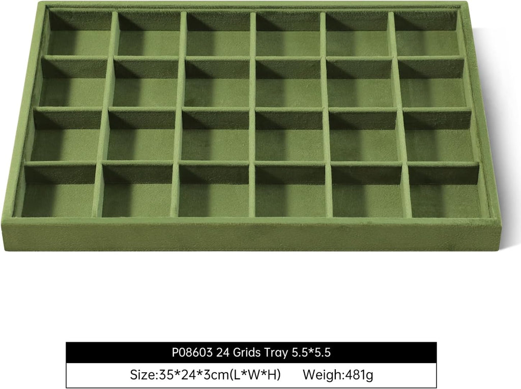 Velvet Stackable Jewelry Display Tray, 24 Grid Earring Ring Storage Tray, Drawer Divider Jewelry Accessories Organizer Plate (Olive Green)