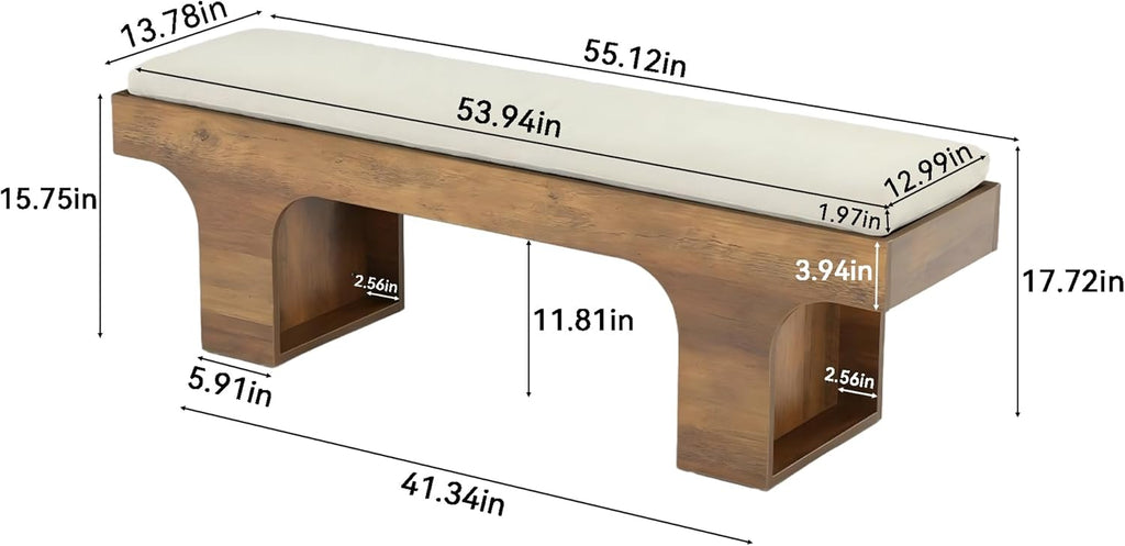 LITTLE TREE 55.2" Dining Bench with Linen Cushion, End of Bed Upholstered Bench, Farmhouse Entryway Bench for Hallway, Living Room, Bedroom, Kitchen