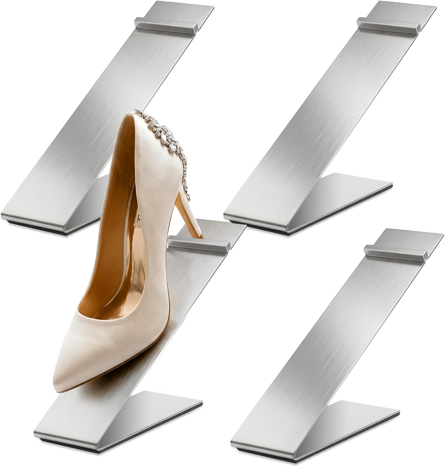 Therwen 4 Pcs Gold Shoe Display Stand Shoe Rack Stainless Steel Golden Metal Riser High Heel Display Rack Holder for Home Shopping Malls (Shape V,Silver)