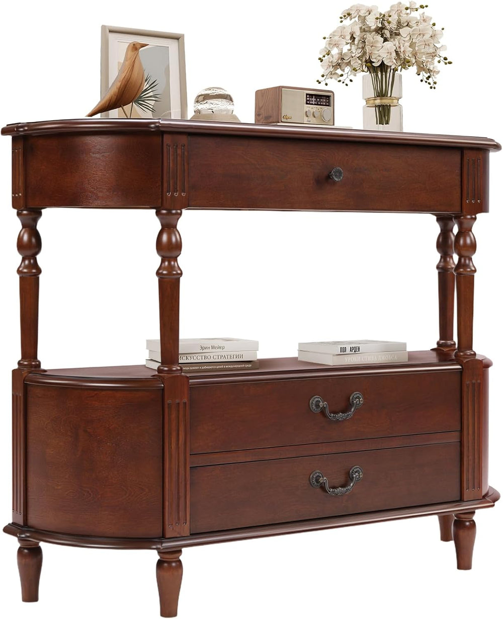 LKTART 43" Half Moon Console Table, Solid Wood Retro Curved Console Tabl...