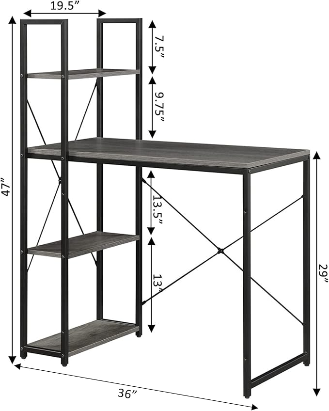 Convenience Concepts Desigsn2Go Office Workstation Desk 36" - Modern, Contemporary Writing Accent with Storage Shelves for Dorm Room & Home Study, Charcoal Gray
