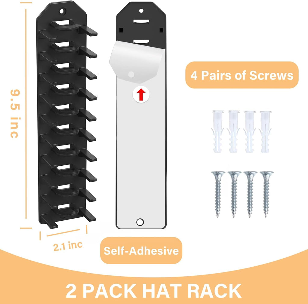 2 Pack Hat Organizer for Baseball Caps,Hat Rack for Wall, Compact Hat Storage Display Holder,Hold Up to 20 Hats,Hat Hanger Strong Adhesive/Wall Drilled for Door,Bedroom,Closet