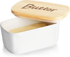 GDCZ Ceramics Butter Dish with Wooden Lid- Large Covered Butter Holder for Countertop, Butter Keeper Container Perfect for Holds 2X 4oz West/East Coast Butter, White