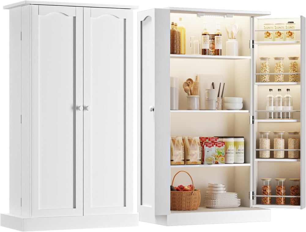 FJTJBSI 50" LED Kitchen Pantry Cabinet with 3 Adjustable Shelves and 2 D...