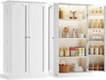 FJTJBSI 50" LED Kitchen Pantry Cabinet with 3 Adjustable Shelves and 2 Doors Wood Pantry Storage Cabinet with Handle for Kitchen Living Room and Dinning Room White