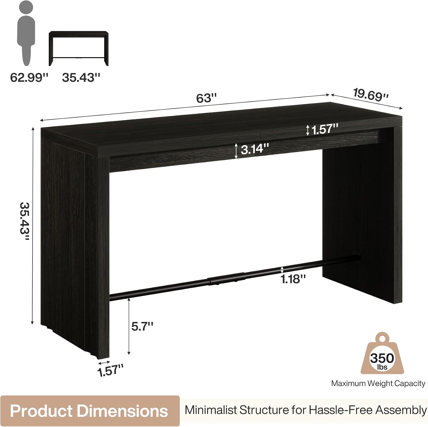 Tribesigns Kitchen Island, 63-Inch Modern Stationary Island Bar Table with Metal Footrest, Rectangular Home Bar Unit for Kitchen, Dining Room, Living Room, Pub, Bistro, Black