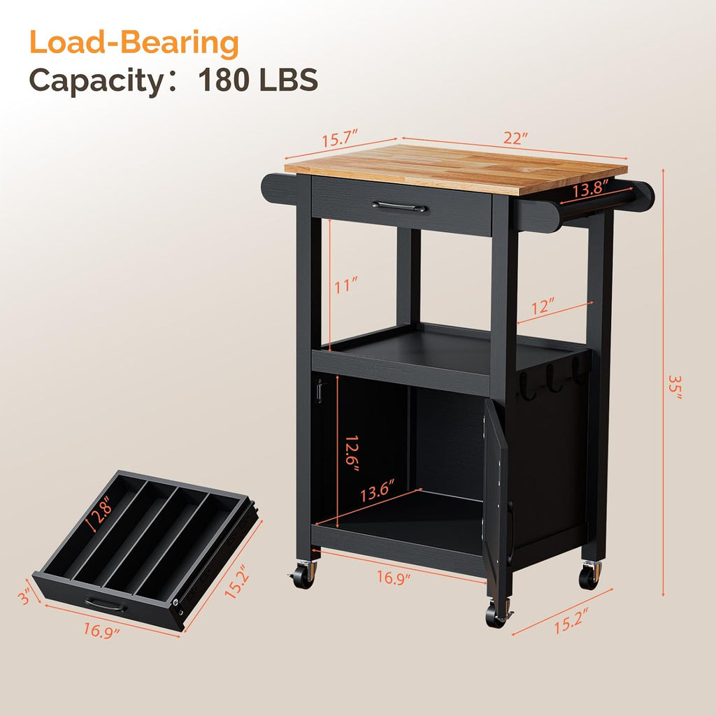 VINGLI Rolling Kitchen Cart with Microwave Stand, Storage Cabinet & Drawer, Small Coffee Cart with Side Hooks & Towel Rods, Compact Kitchen Island on Swivel Wheels, Black