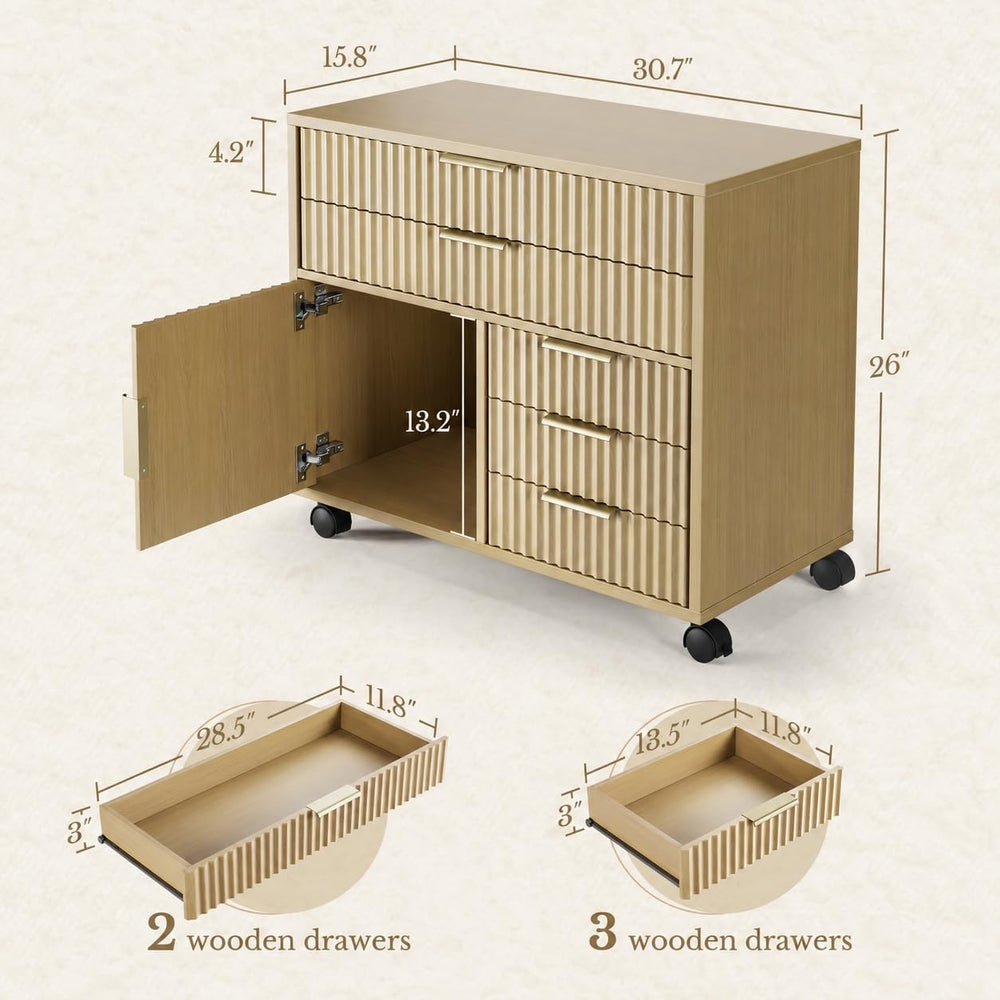 Fluted File Cabinet with 5 Drawers, Large Storage with Cabinet Door, Mobile F...