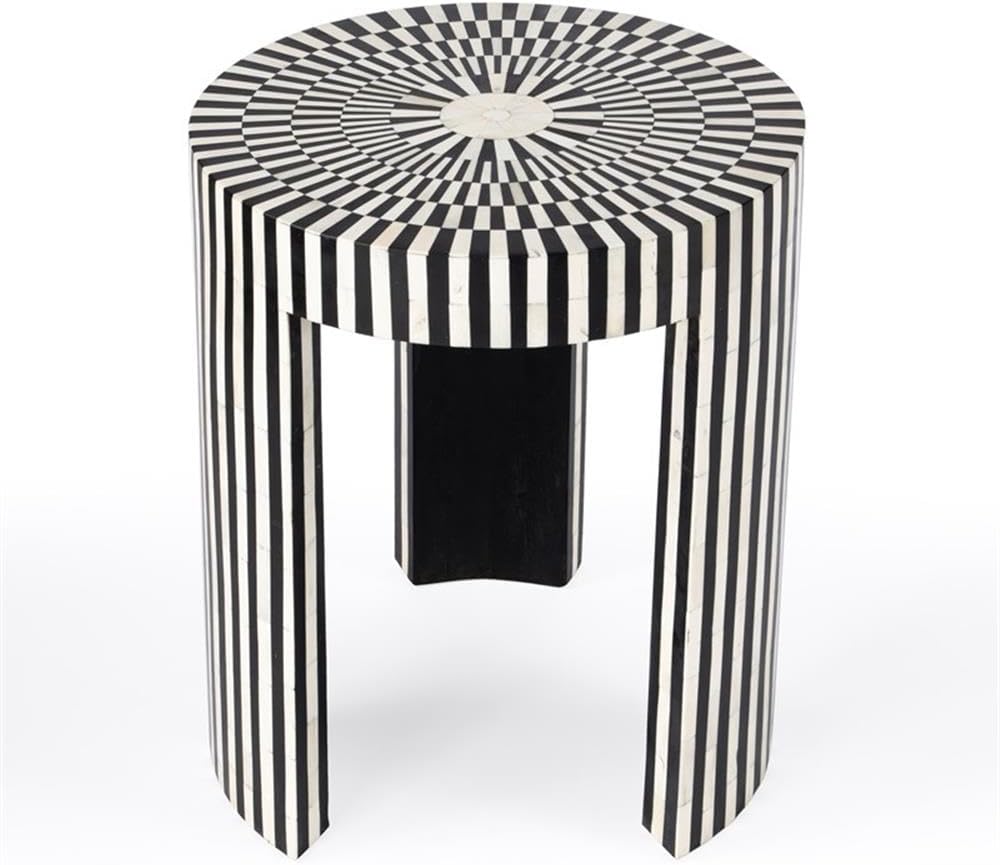 Beaumont Lane Transitional Round Bone Inlay Side Table, Black and White Finis...