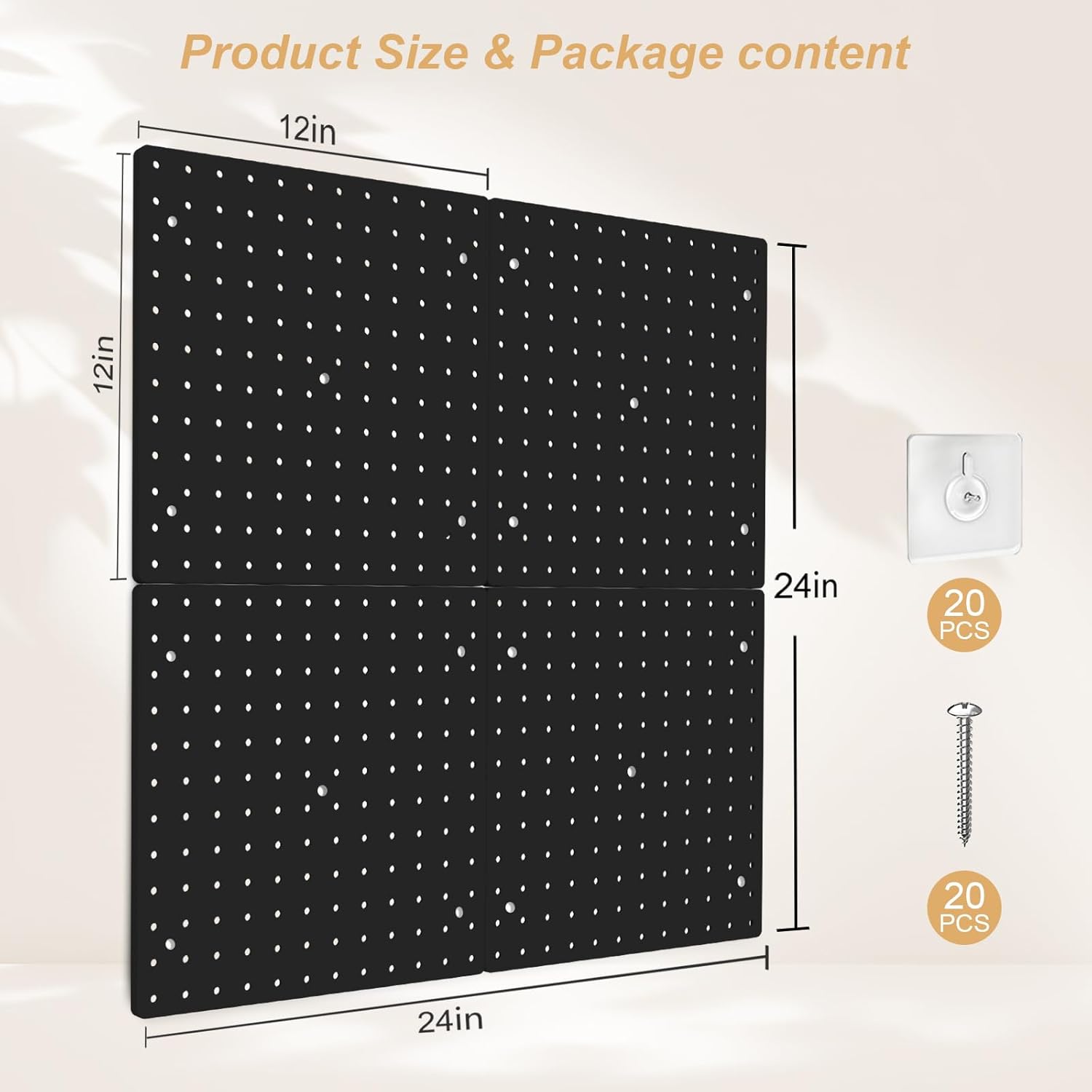 FZK PegBoard,4 Pack Peg Board,ABS Black Pegboard, 24x24inch,Pegboard Wall Organizer, Peg Board for Walls,Plastic pegboard,Suitable for Office Craft Room Kitchen and Item Display