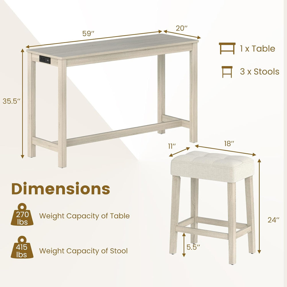 COSTWAY 4-Piece Breakfast Nook Bar Set with Built-in Charging Station | Count...