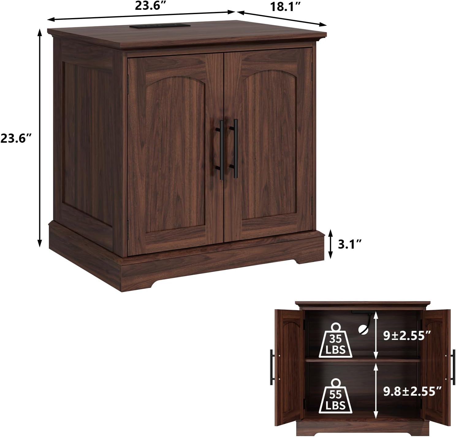 HOKYHOKY Rattan End Table with Charging Station, 24" Large Sofa Side Tabl | 2 Arched Doors, Boho Wood Square Nightstand, Bedside Tables with Adjustable Storage Shelf, Living Room, Bedroom