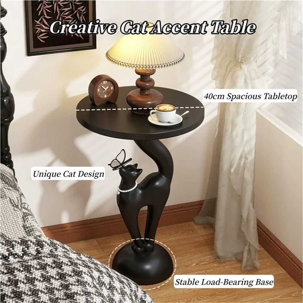 Elegant Resin Cat Sculpture Side Table with Tray, Modern Creative Bedside Tab...