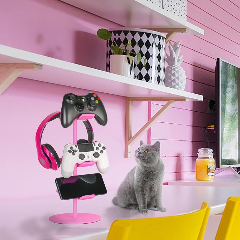 Controller Holder Pink,Headphone Stand,3 Tier Multi Adjustable Game Controller Headset Hanger for All Universal Gaming PC Accessories, Xbox PS4 PS5 Nintendo Switch(Cute Pink)