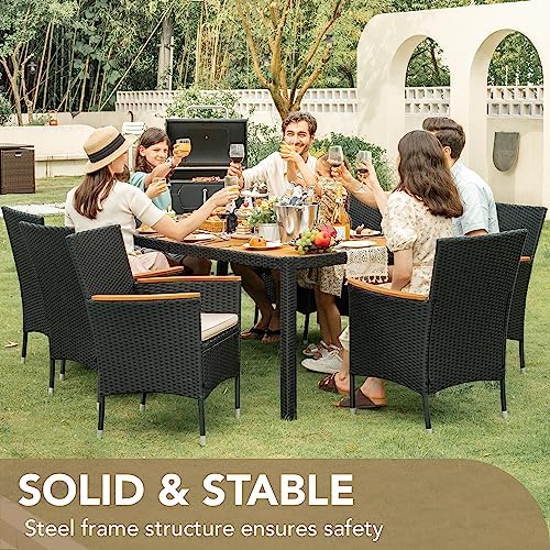 Devoko 9 PCS Acacia Wood Patio Dining Set, Black Rattan