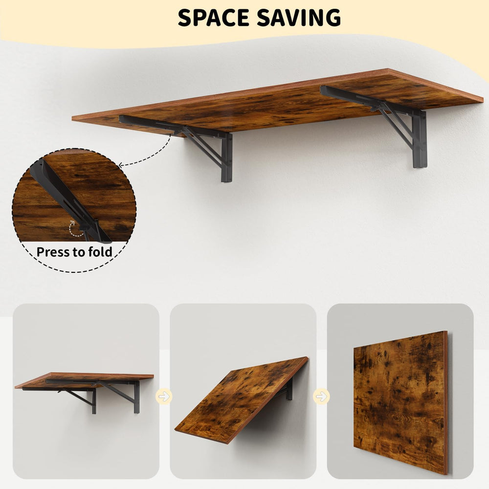 GOYLSER Wall Mounted Folding Table for Office, Rustic Brown Fold Down Desk La...