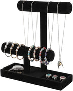 ByKen Necklace Holder,Bracelet Holder,Jewelry Organizer Stand with Earrings Rings Tray,Jewelry Holder for Scrunchie Watches (Black Velvet)