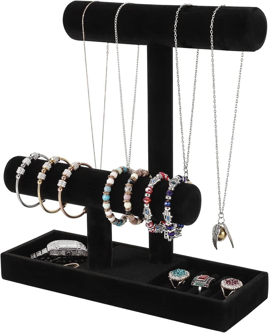 ByKen Necklace Holder,Bracelet Holder,Jewelry Organizer Stand with Earrings Rings Tray,Jewelry Holder for Scrunchie Watches (Black Velvet)