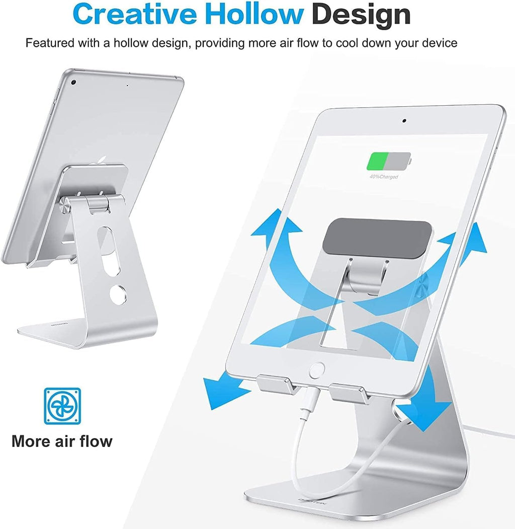 OMOTON Adjustable Tablet Stand for Desk, Upgraded Longer Arms for Greater Stability, T2 Tablet Holder with Hollow Design for Bigger Sized Phones and Tablets Such as iPad Pro/Air/Mini, Silver