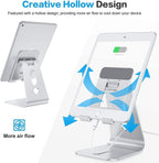 OMOTON Adjustable Tablet Stand for Desk, Upgraded Longer Arms for Greater Stability, T2 Tablet Holder with Hollow Design for Bigger Sized Phones and Tablets Such as iPad Pro/Air/Mini, Silver