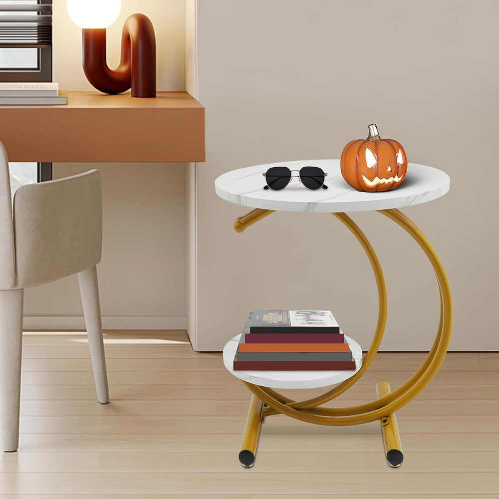 Round End Table, 2-Tier Side Table with Storage Shelves, Small Bedside Table ...