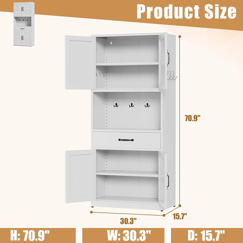 White Steel Kitchen Pantry Storage Cabinet with Large Countertop, Adjustable ...
