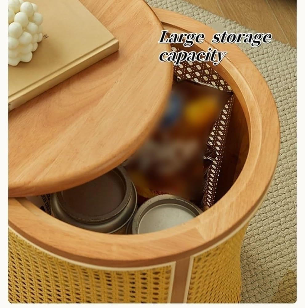 Simple Wood Side Table Handmade Round Storage Small Imitation Woven Rattan So...