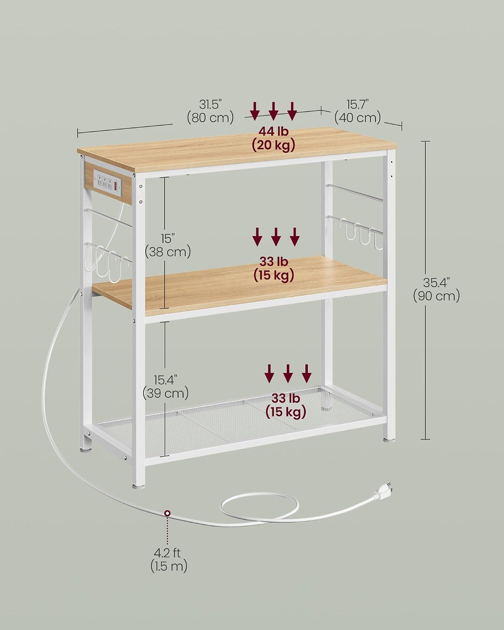 VASAGLE Kitchen Island with Power Strip, Microwave Oven Stand, Kitchen Shelf,...