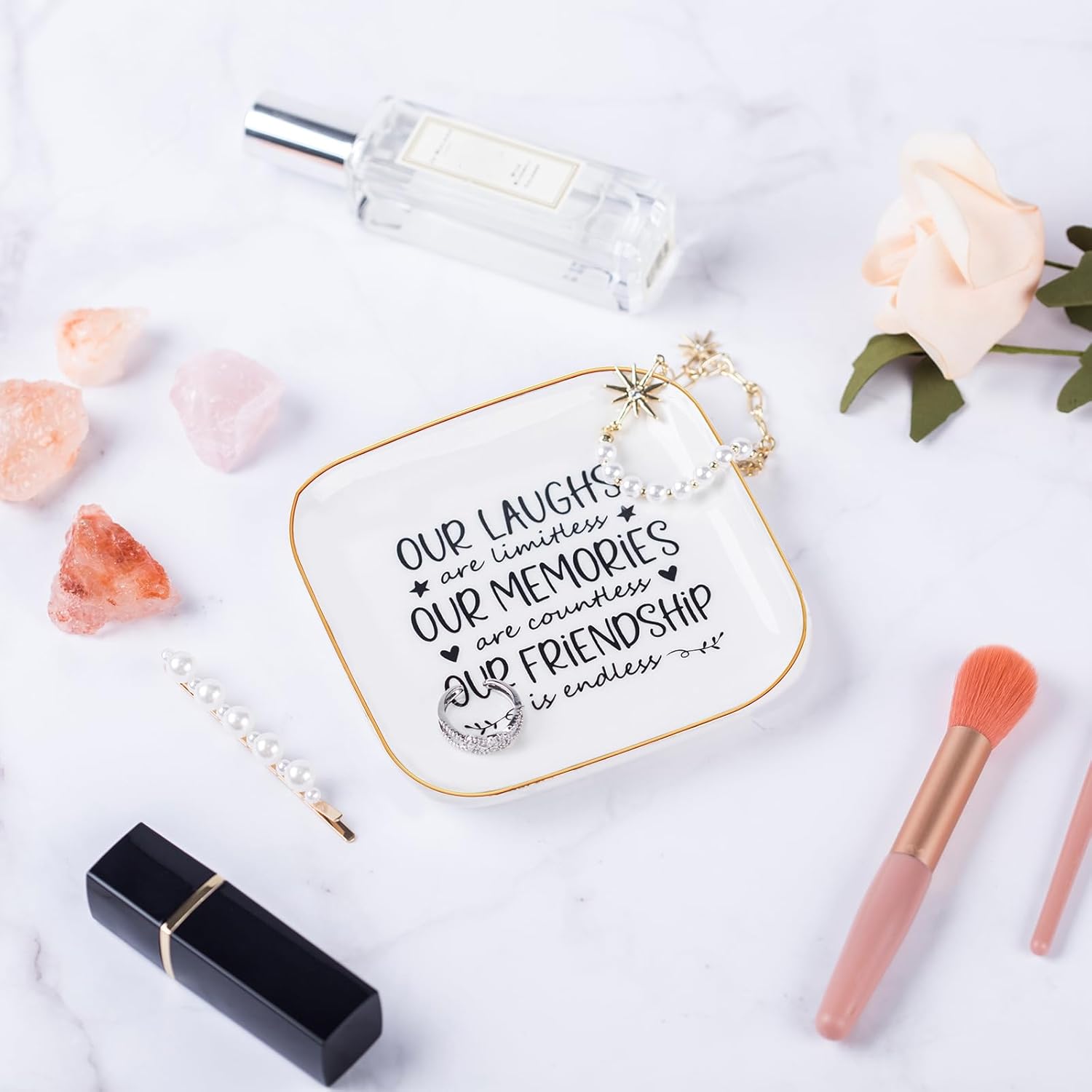Piudee Friendship Gifts for Women Best Friend Jewelry Dish, Our Laughs are Limitless, Our Memories are Countless, Our Friendship is Endless Unique Gifts for Women, Female Friend Birthday Christmas