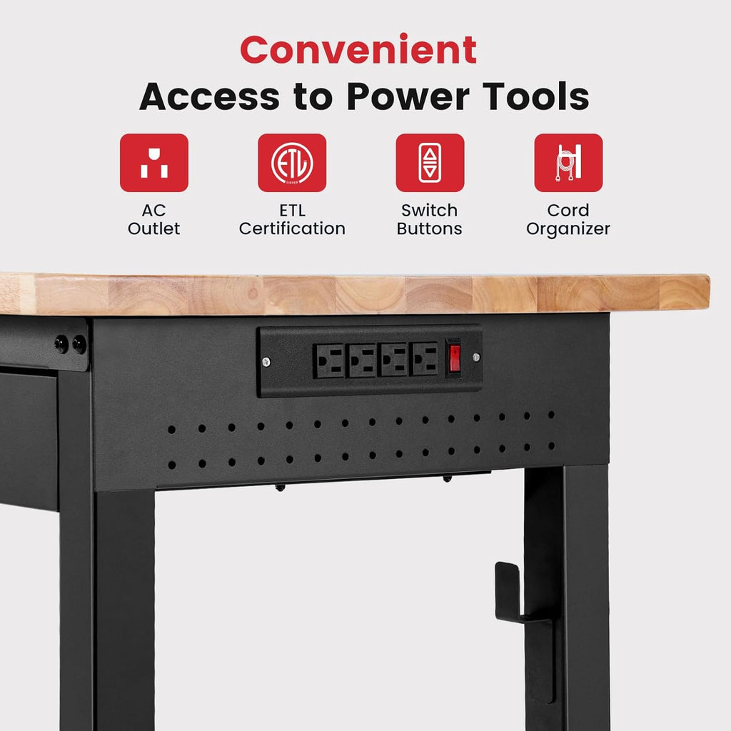 Work Bench with Storage Adjustable Workbenches with Drawer for Garage 48 Inch Rubber Wood Top Garage Workbench with Pegboard, Power Outlets for Woodworking,Home, Office, Workshop