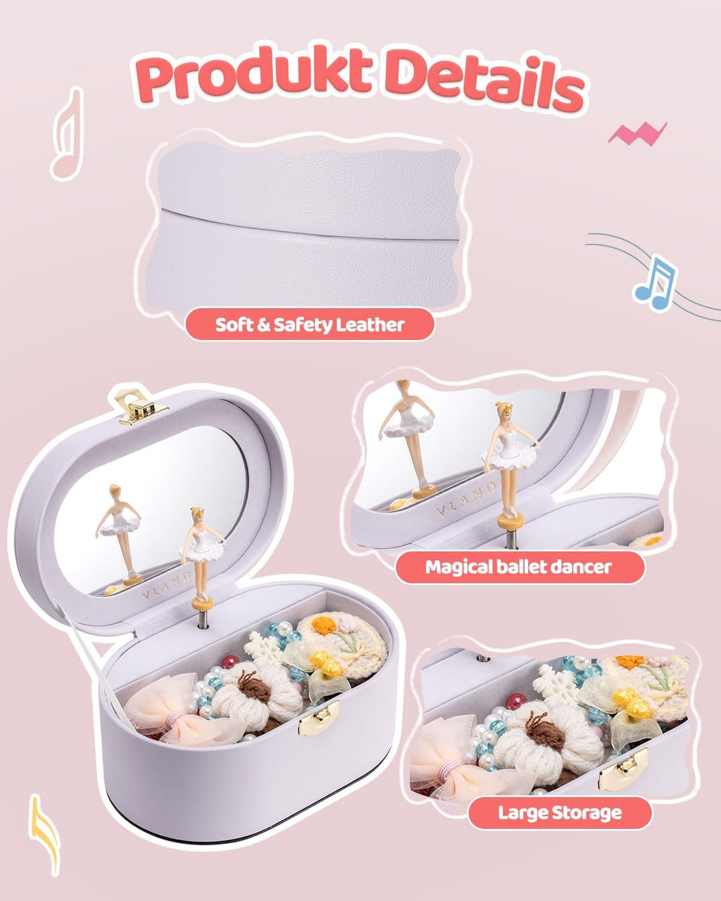 VLANDO Musical Jewelry Box for Girls, Oval Design with Spinning Ballerina | Large Compartment for Daily Treasures, Plays Canon Melody, Built-In Mirror and Soft Portable Handle, Birthday Christmas Gift