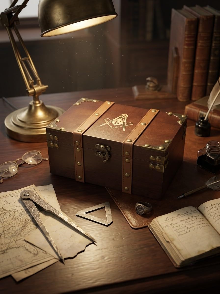 Masonic Engraved Solid Wood and Leather Chest, Wooden Box with Velvet Lining,...