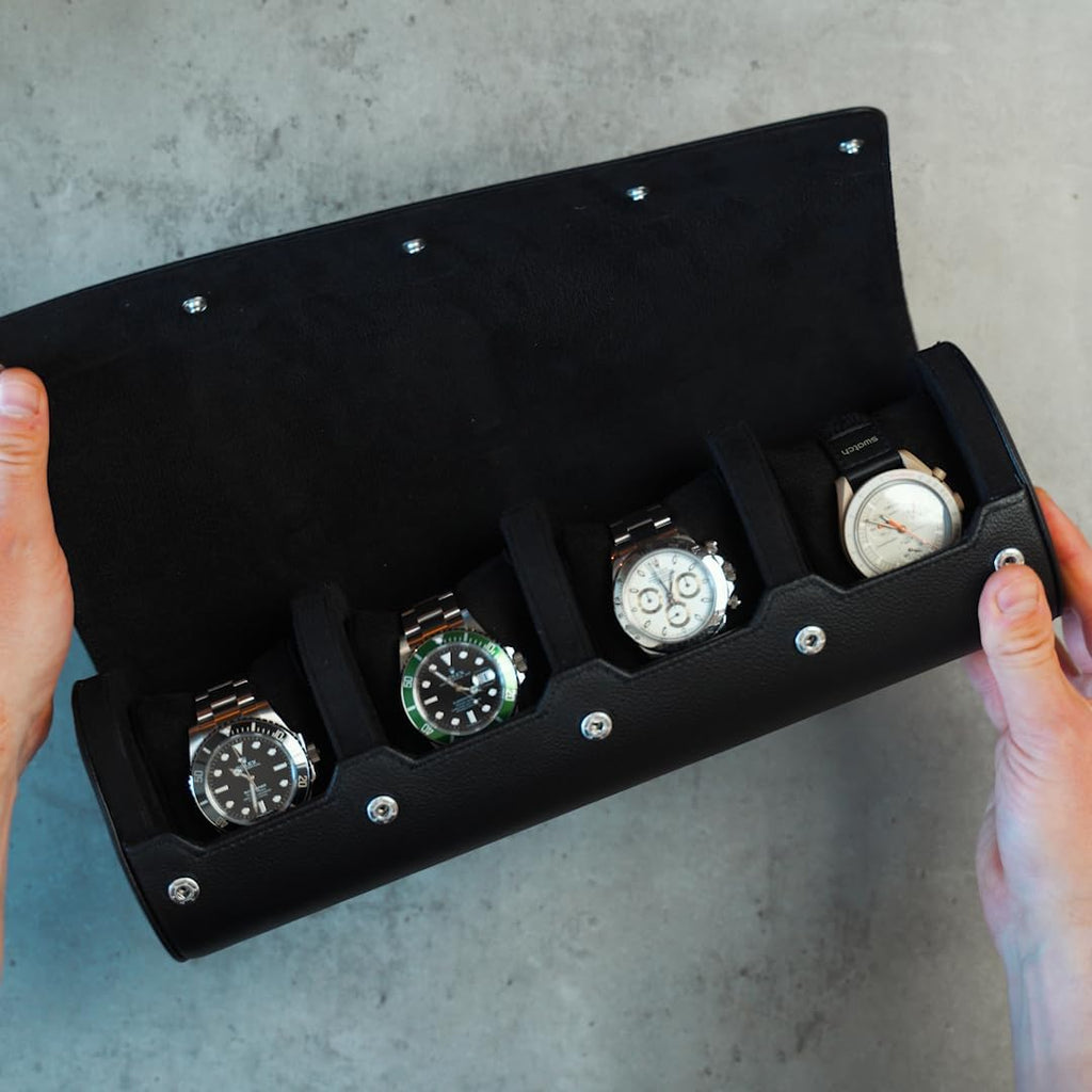 DailyWatch | Personalized Watch Roll Travel Case For 4 Watches - Handmade Genuine Leather Travel Case With Custom Engraving of Name or Initials - All Black