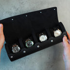 DailyWatch | Personalized Watch Roll Travel Case For 4 Watches - Handmade Genuine Leather Travel Case With Custom Engraving of Name or Initials - All Black