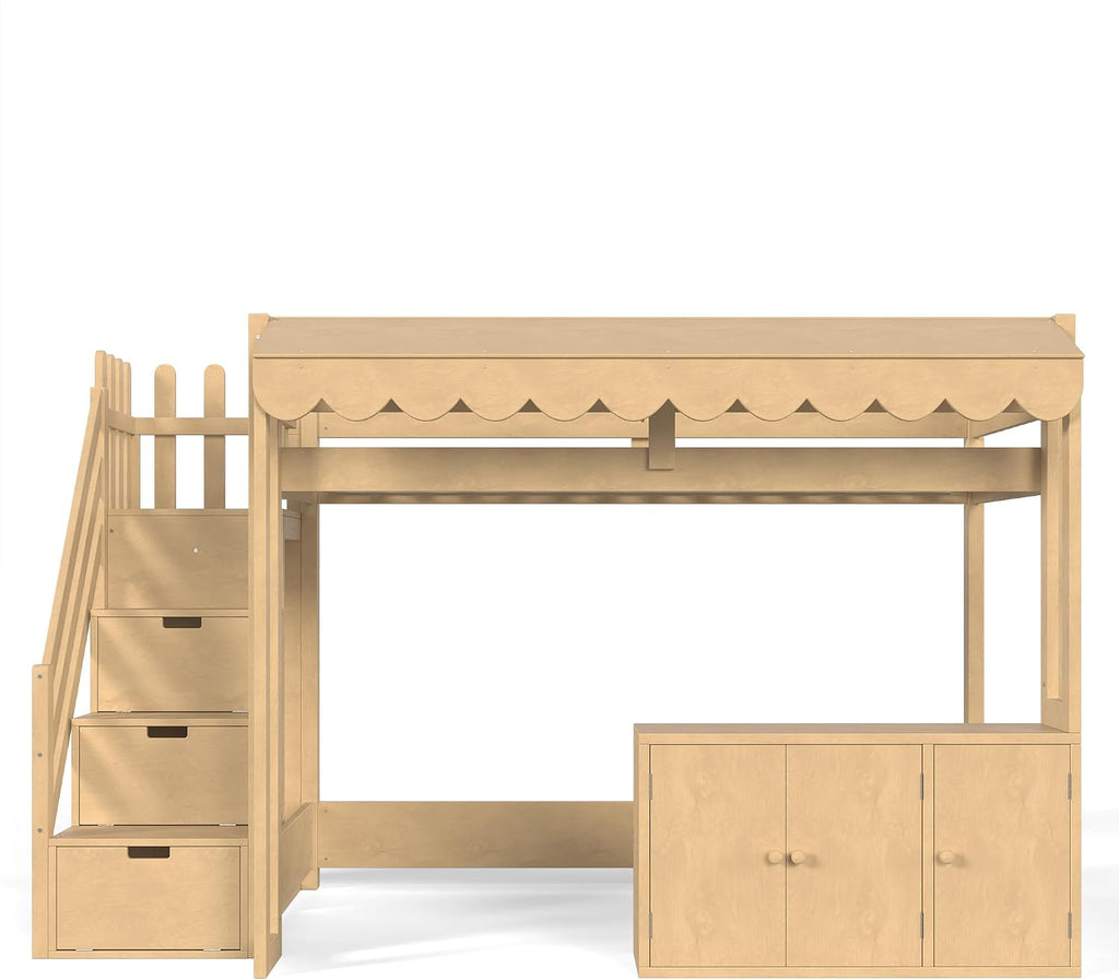 Twin Size Wood Loft Bed with Storage Stairs and Pretend Store Counter (Twin)