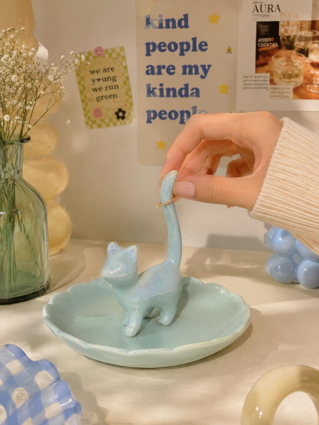 Cat Ring Holder Jewelry Dish–Ceramic Trinket Tray for Rings,Earrings,Necklaces & Bracelets,Cute Cat Jewelry Organizer for Vanity,Nightstand,Dresser,Birthday Gift for Women,Girls Cat Lovers