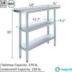 AmGood Stainless Steel Work Table with 2 Shelves | NSF | Metal Utility Table (48" Long x 14" Deep)