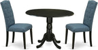 East West Furniture DLCE3-BLK-21 3 Piece Dining Table Set Contains a Round Dining Room Table with Dropleaf and 2 Mineral Blue Linen Fabric Upholstered Chairs, 42x42 Inch, Black