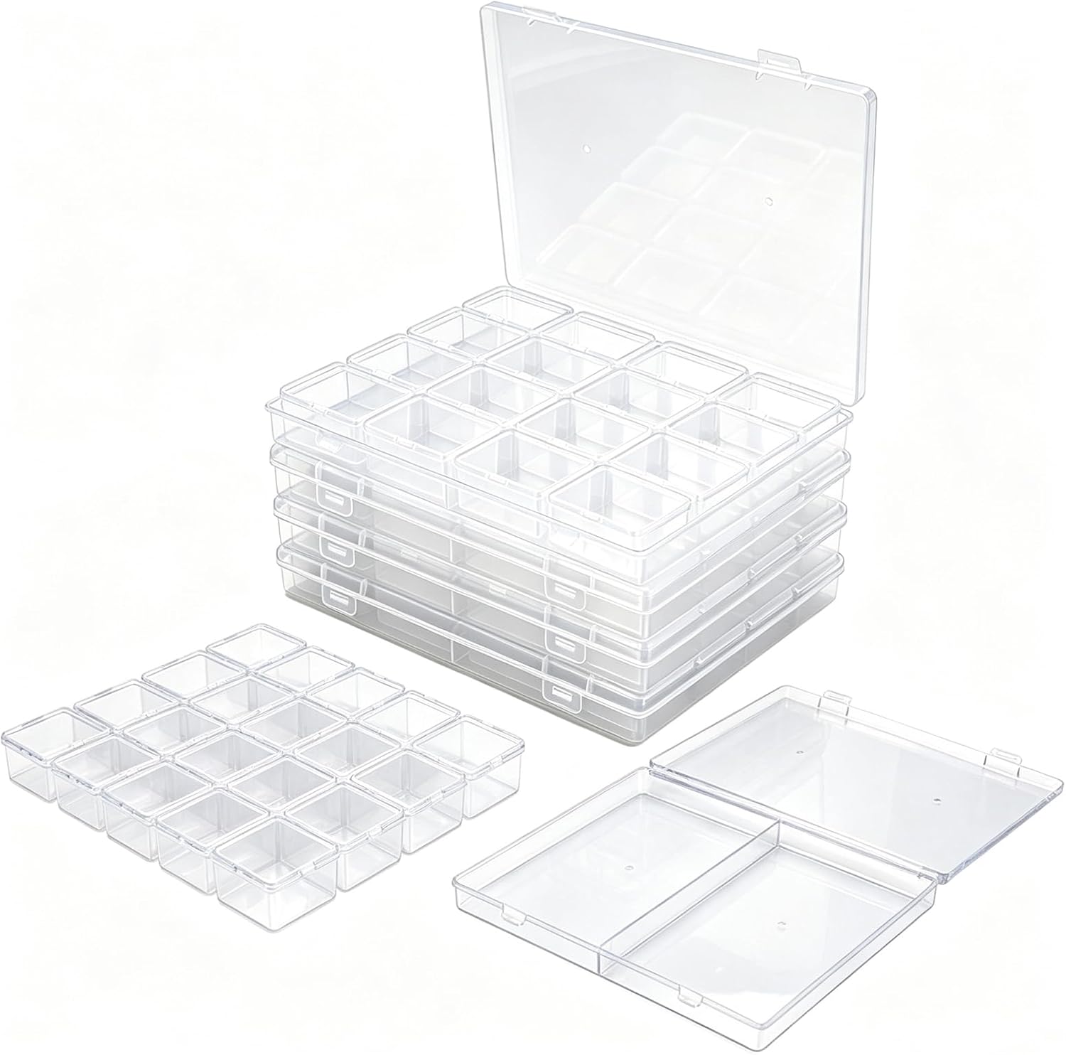 85 Pack Rectangular Mixed Sizes Clear Plastic Storage Containers | Hinged Lid, For Beads and Small Craft Items, 5 Outer + 80 Inner Boxes