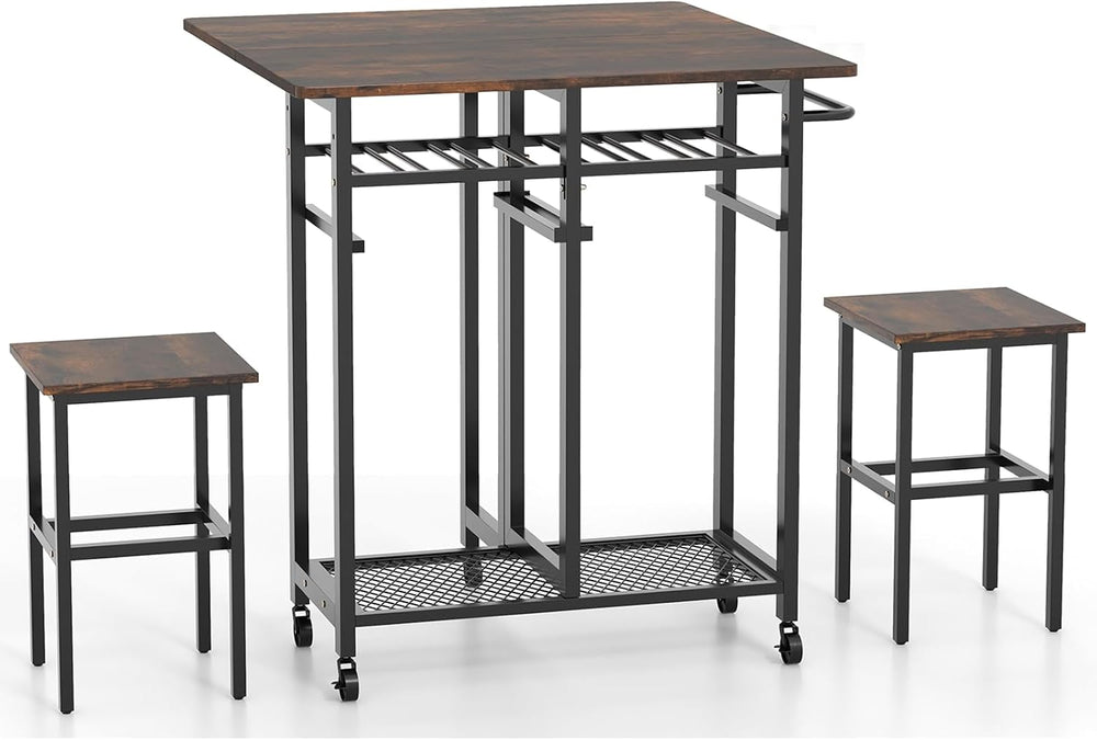 TANGZON 3 Piece Dining Table Set, Folding Drop Leaf Dining Table and 2 Stools...