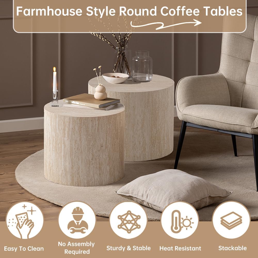 18" Round Travertine Nesting Coffee Table Set of 2 (Travertine) | for Li...