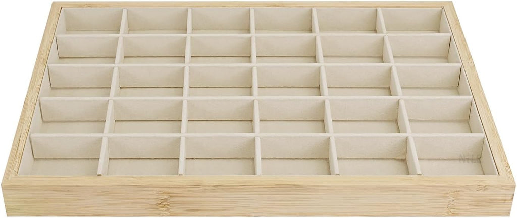 MOOCA 2 Pcs Set Bamboo Jewelry Display Tray Organizer with 30 Compartments for Rings, Earrings, Jewelry, Accessories, and Collectibles items, Oak Color,14" W x 9.6" D x 1.2" H