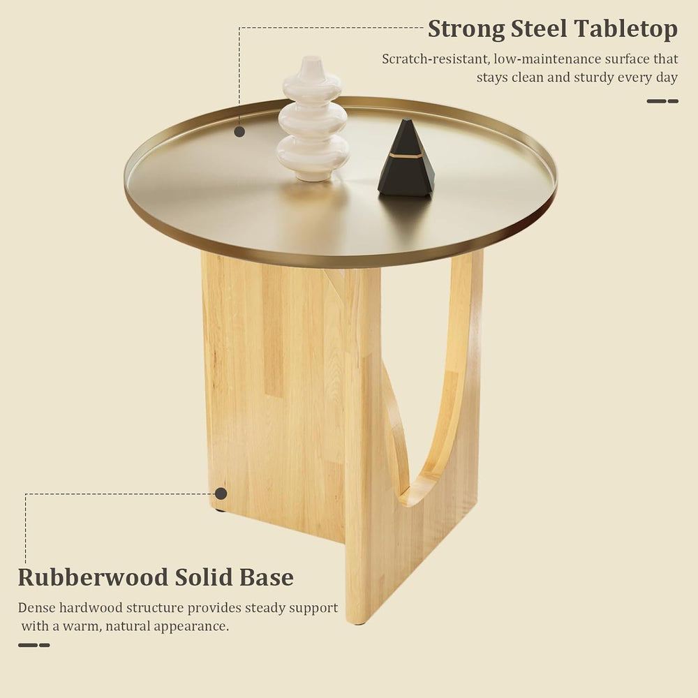 Farmhouse Rubberwood End Table, Beige Rustic End Table with Stainless Steel T...