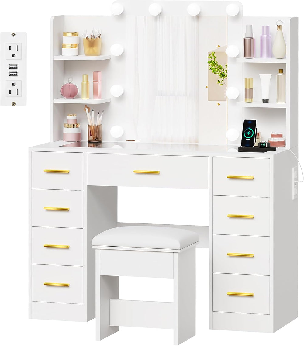BEWISHOME Large Vanity Desk with Mirror and Lights,Glass Top,9 Drawers | Whit...