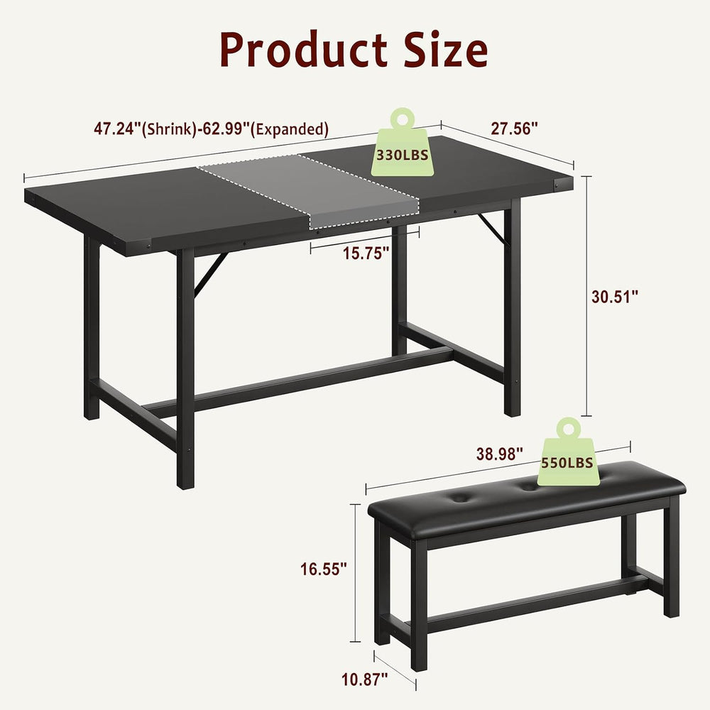 IDEALHOUSE 3 Piece Dining Table Set for 4-6, 63" Extendable Thick Metal ...