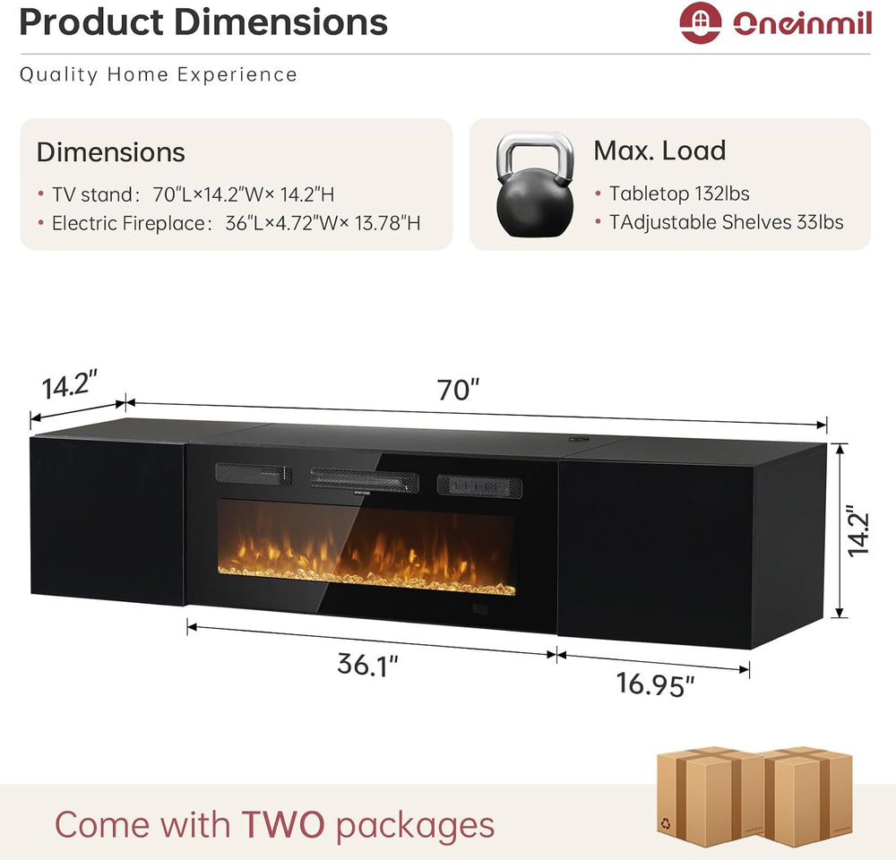 oneinmil 70" Floating TV Stand with 36" Electric Fireplace, Wall Mo...
