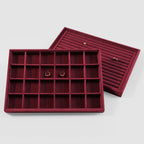 Velvet Stackable Jewelry Display Tray, 24 Grid Earring Ring Storage Tray, Drawer Divider Jewelry Accessories Organizer Plate (Red)