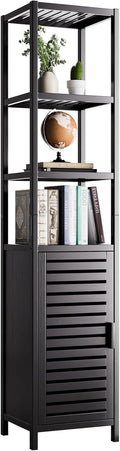 HITNET Bathroom Cabinet Freestanding, Tall Slim Bamboo Storage Cabinet with Shelves and Door, Space Saving Kitchen Cupboard Organizer, Black
